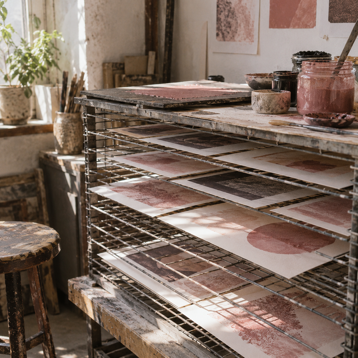 Illustrative scene of independent print studio: flat drying racks, pigment jars, unlettered ink swatches