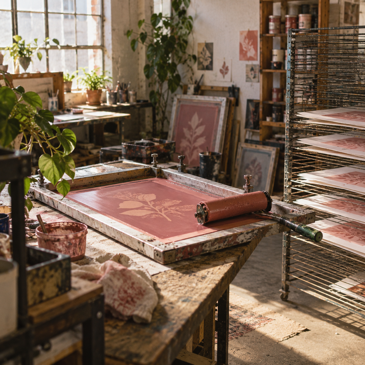 Illustrative scene of independent print studio: a screen-print frame, a roller, flat drying racks